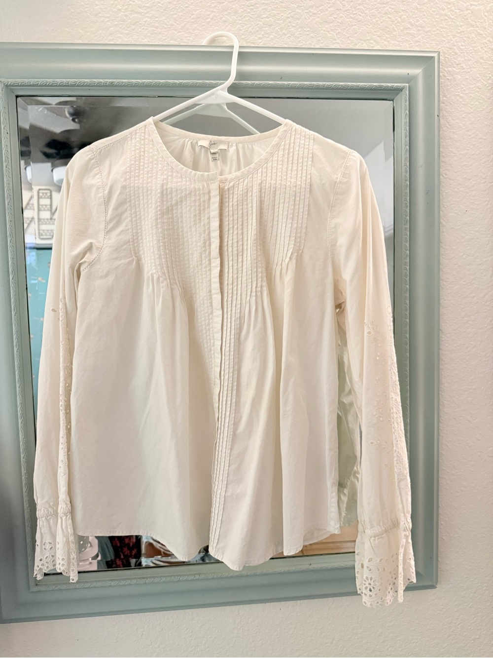 Joie Cream Pintuck Button-Front Blouse with Eyelet Cuffs